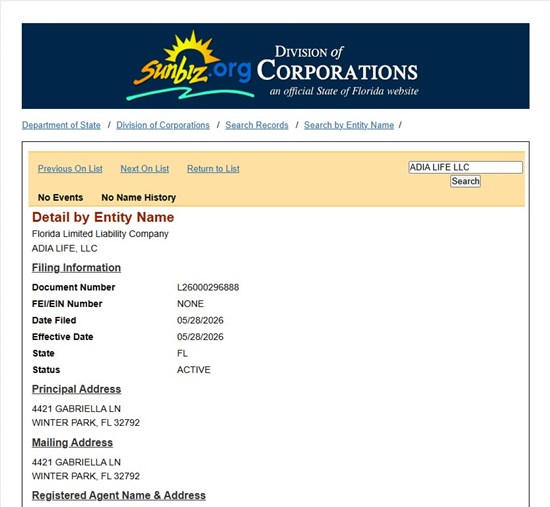 Cannot view this image? Visit: https://images.newsfilecorp.com/files/10520/300531_screenshot_adia_life_llc_registration_550.jpg