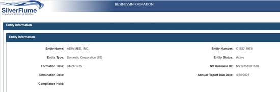 Cannot view this image? Visit: https://images.newsfilecorp.com/files/10520/300817_screenshot_adia_med_inc_official_on_nevada_550.jpg