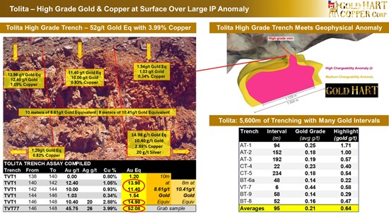 Cannot view this image? Visit: https://images.newsfilecorp.com/files/10786/311030_gold_hart_-_tolita_high_grade_gold_copper_trench_on_large_ip_anomaly_-_10_550.jpg